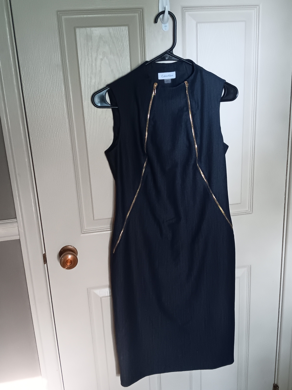 Calvin Klein Navy Sleeveless Sheath Dress with Gold Zip Detail